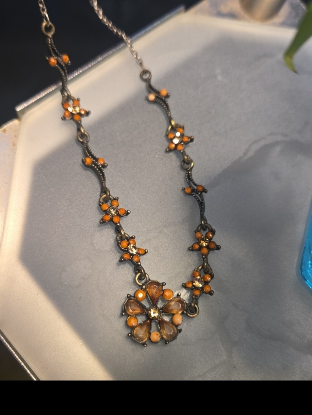 Vintage Amber Brown Orange Floral Statement Necklace Adjustable